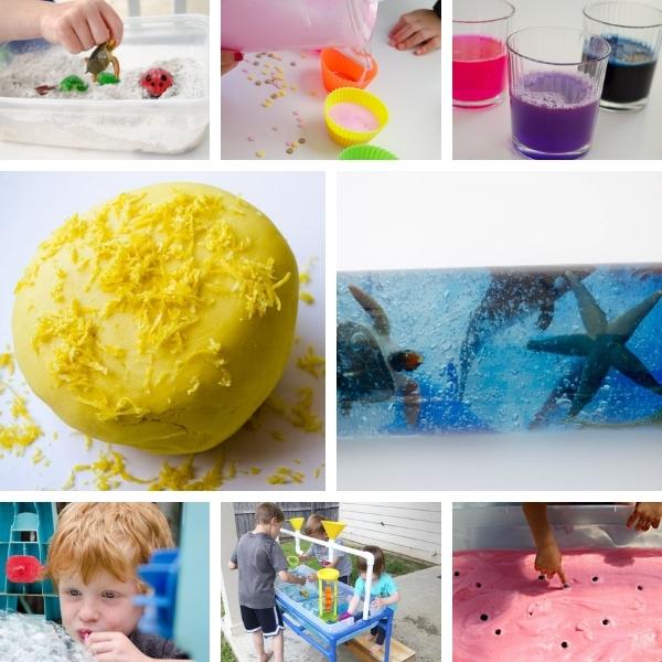 collage of eight different sensory activities for preschoolers this summer