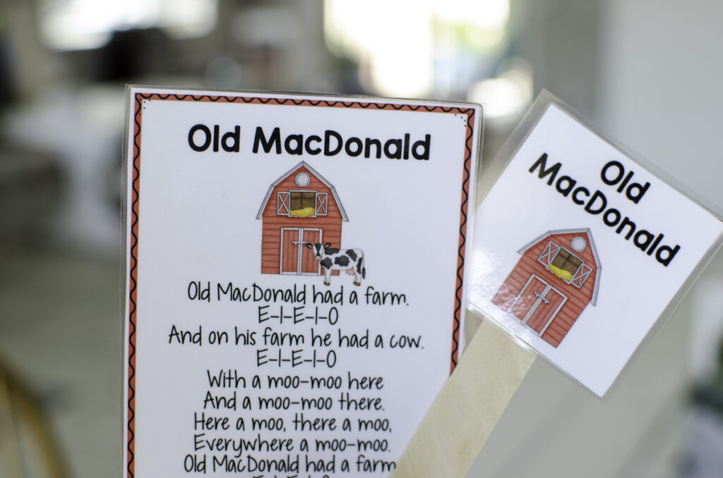 printed song card and song stick for the song old macdonald