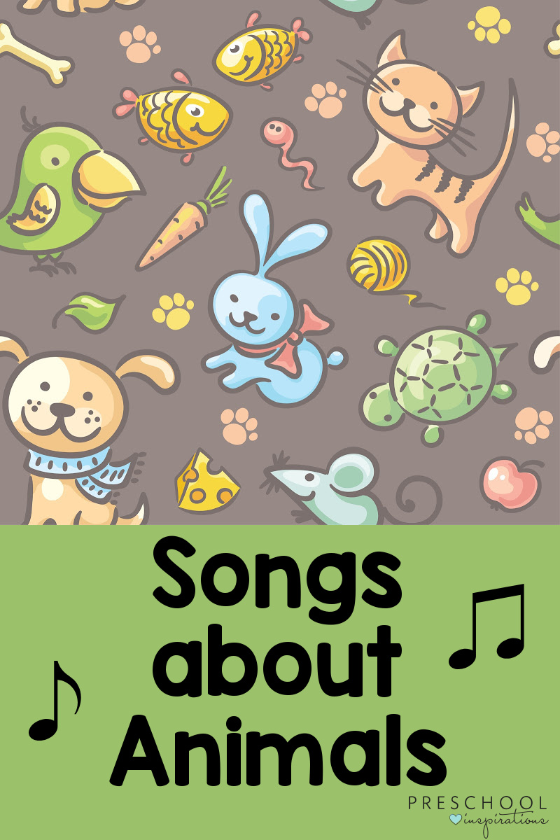 background pattern of pets and their food with the text 'songs about animals'