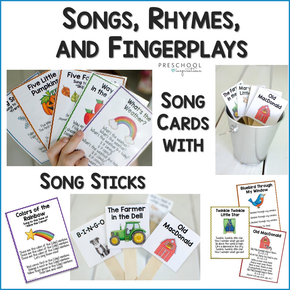 A collage of images showing colorful printable song cards with lyrics and song sticks with the song title and a cute vector image, with the text Songs, Rhymes, and Fingerplays Song Cards with Song Sticks
