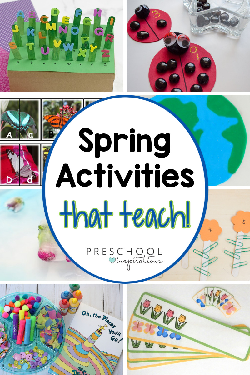 collage of eight different preschool activities with the text 'spring activities that teach!'