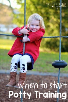 a young girl in a red coat hanging on a playground with the text, 'when to start potty training'