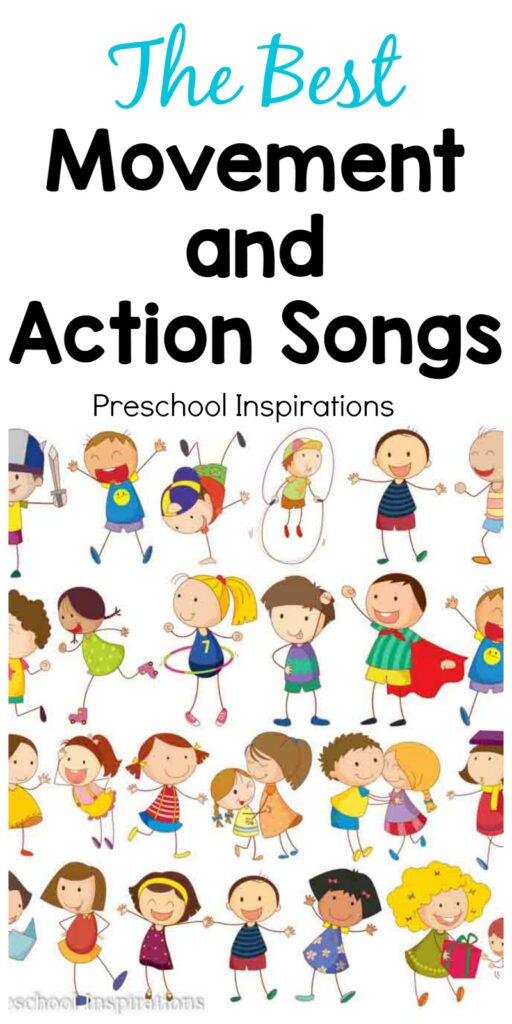 Need the perfect song for active children? These are some of the best movement and action songs. They're great for circle time songs or as an indoor activity on a bad weather day. #preschool #prek #kindergarten #kidssongs #brainbreak #actionsongs #circletime #circletimesongs