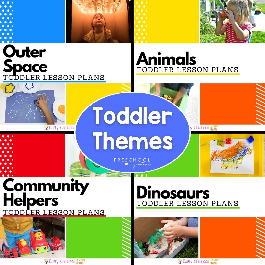 four toddler lesson plan cover images with the text overlay 'toddler themes'