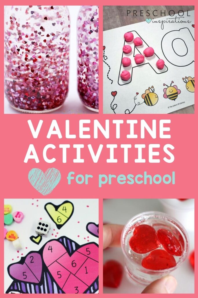 a collage of four different Valentine's Day preschool activities with the text, 'Valentine Activities for preschool'
