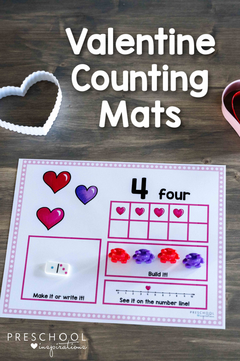 close up of a valentine counting mat for preschool showing the number four and the text 'valentine counting mats'