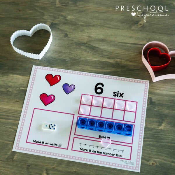 Valentine's Day counting mat for pre-K showing the number six