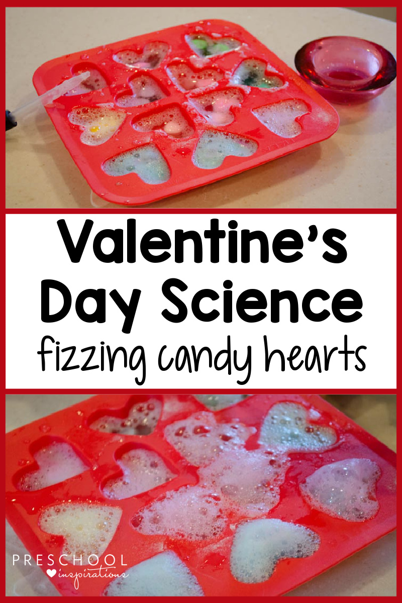 two images of candy hearts in a heart shaped ice cube tray fizzing with baking soda and vinegar, and the text 'valentine's day science fizzing candy hearts'