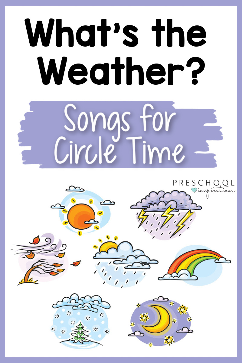 pinnable image of several different clip art graphics of weather with the title 'what's the weather? songs for circle time'