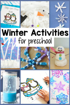 collage of nine different preschool activities for winter with the text, 'winter activities for preschool'