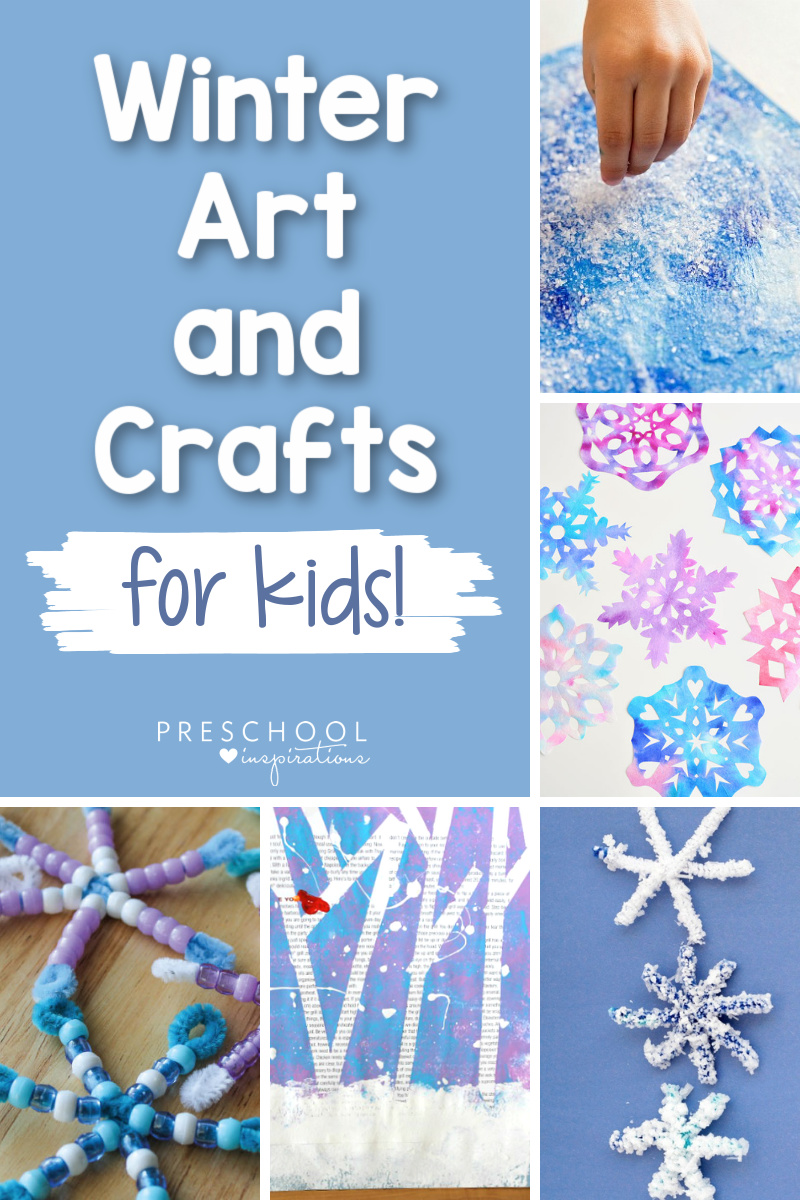 collage of five different winter art projects with the text, 'winter art and crafts for kids!'
