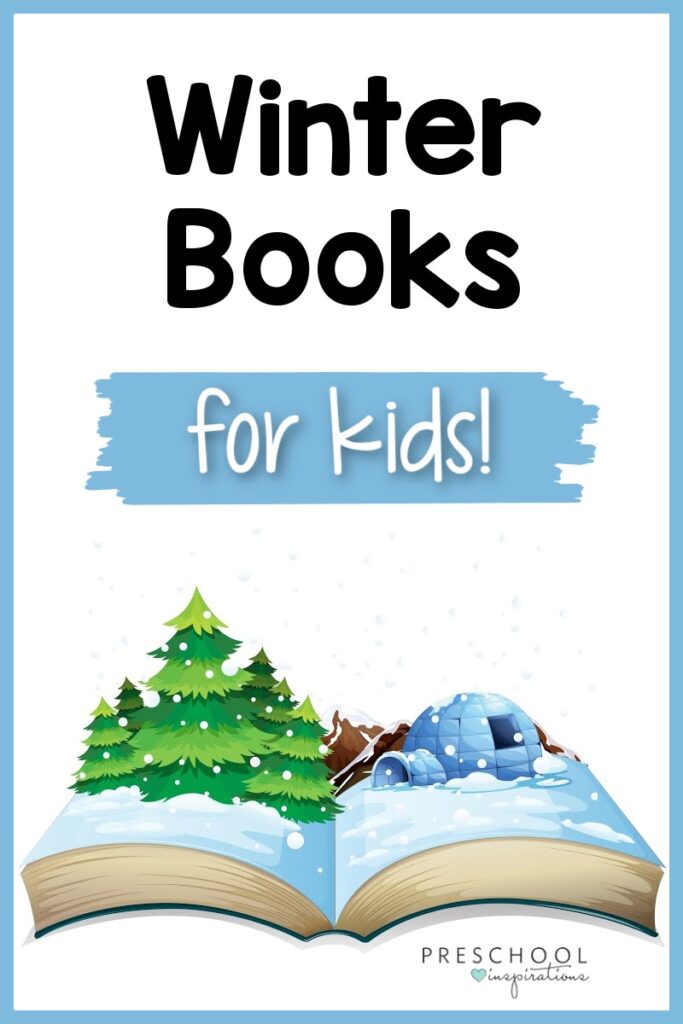cartoon image of an open book with an igloo and pine tree rising out of it with the text winter books for kids