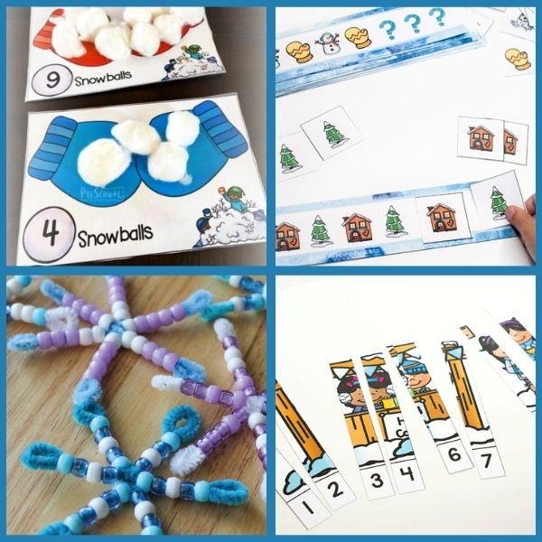 three different printable math activities for preschool and one snowflake craft