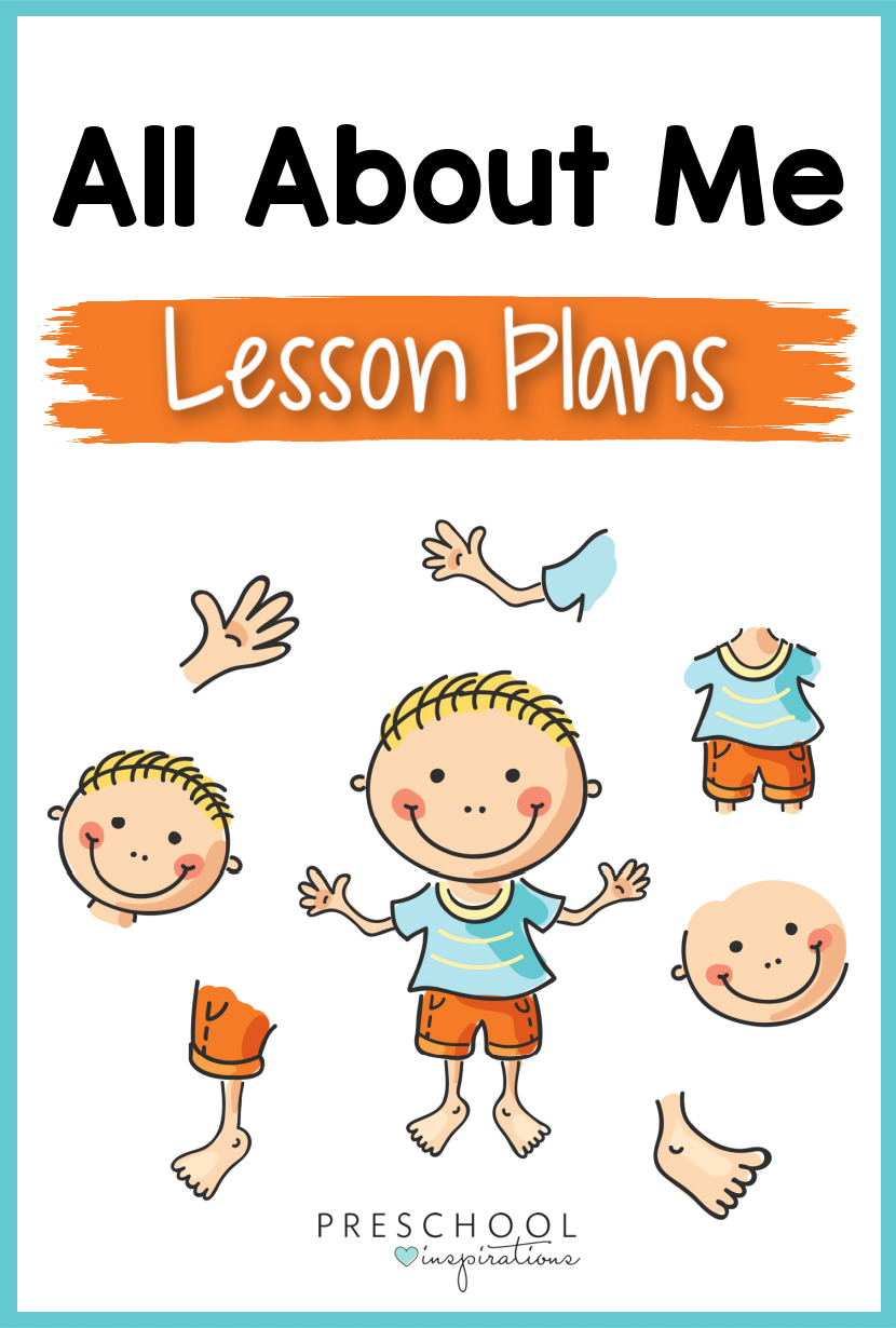 cartoon image of a boy showing his different body parts with the text all about me lesson planbs