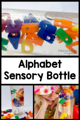 three images of letters inside a sensory bottle with the text, 'alphabet sensory bottle'