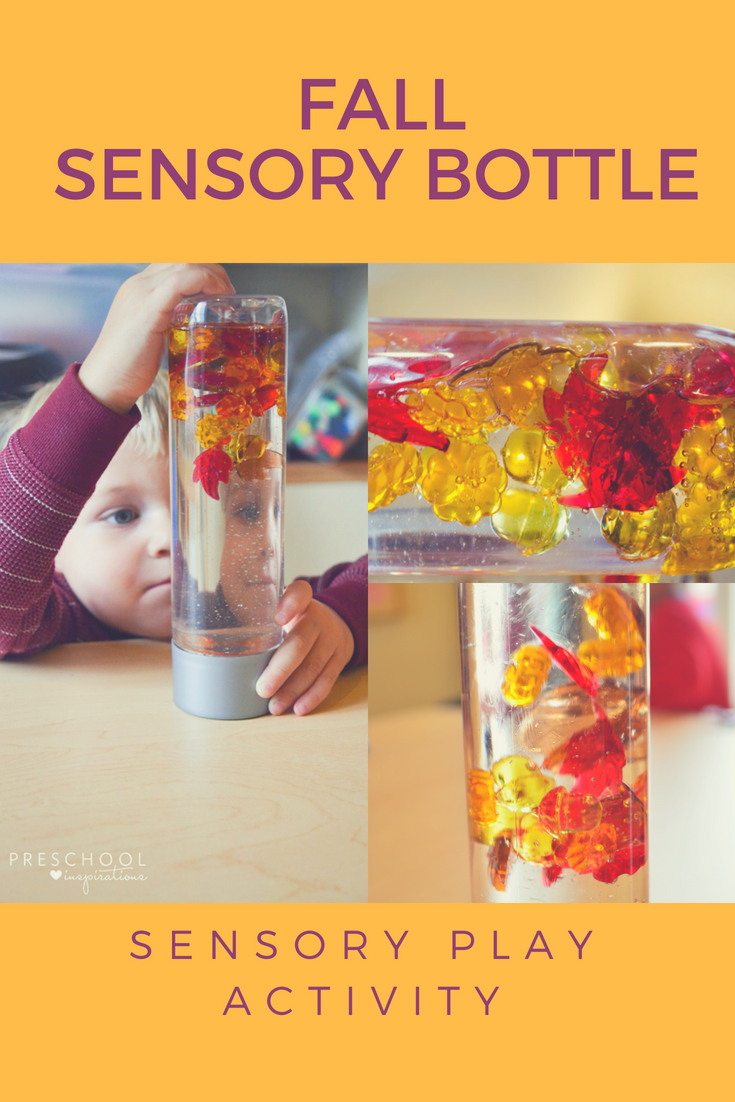 Fall discovery bottle for sensory play. #preschool #prek #toddler #baby #sensoryplay #autism #adhd #fallidea #sensorybottle