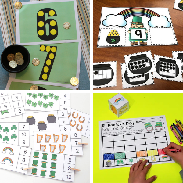 collage of four preschool math activities themed for st. patrick's day