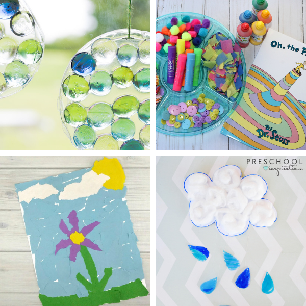 collage of four different spring crafts and art projects