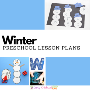 collage of three preschool winter learning activities with the text, 'winter preschool lesson plans'