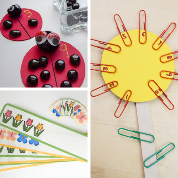collage of three different math activities for spring