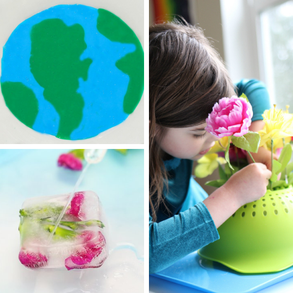 collage of three different spring science experiments and sensory exploration activities for preschool