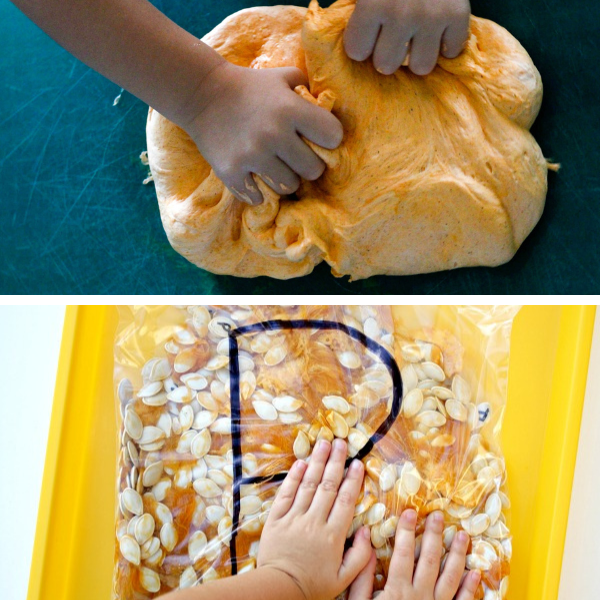 a child's hands playing with fluffy pumpkin slime and a pumpkin sensory bag filled with pumpkin seeds and guts