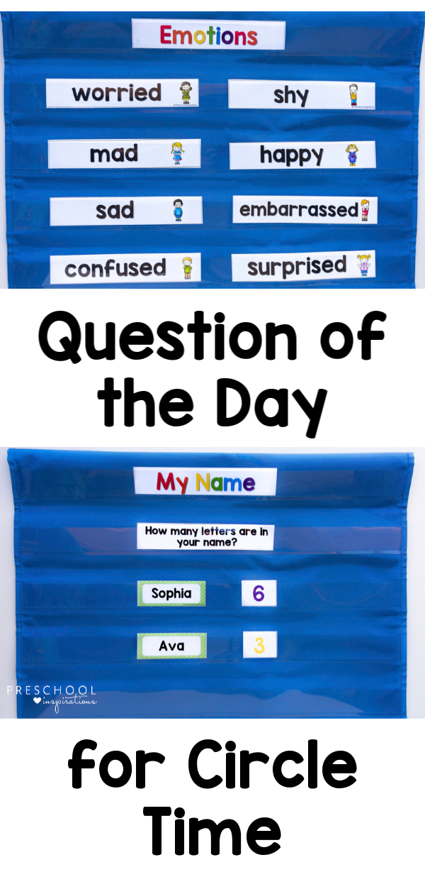 Use Question of the Day cards in circle time for less behavior issues and more engaged kids! Teaches literacy skills, math skills, and social/emotional growth. #preschool #circletime #classroom #questionoftheday 