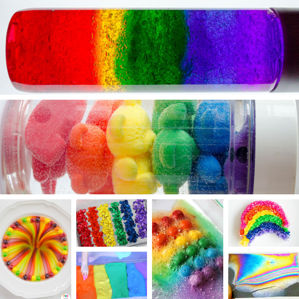 collage of two large rainbow sensory bottles and six other small rainbow science activities