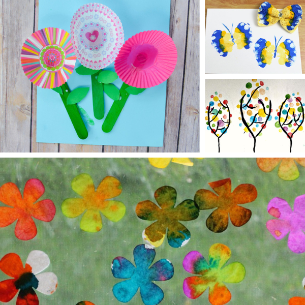 collage of four different preschool spring art projects