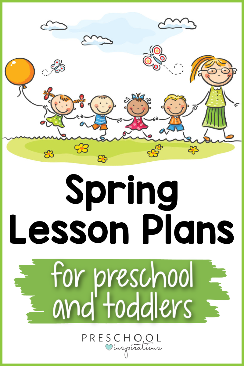 pinnable image of a preschool teacher leading four children across the grass with the text 'spring lesson plans for preschool and toddlers'