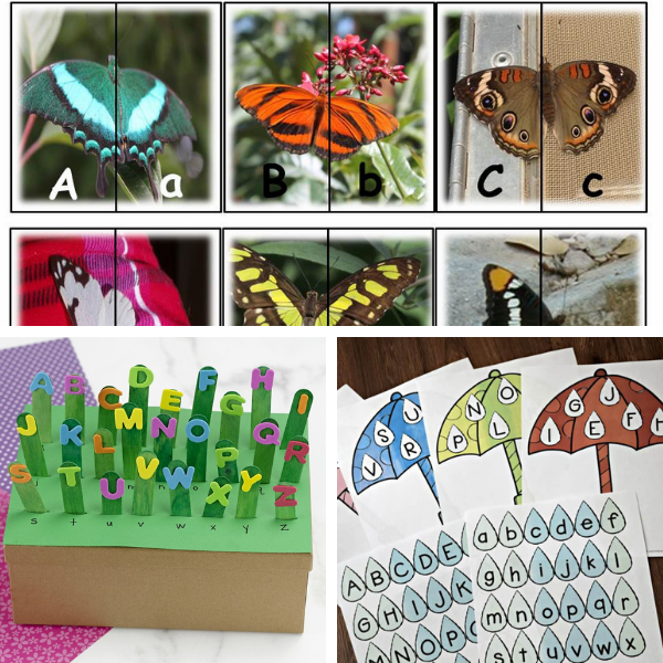 collage of three literacy activities for preschool in spring