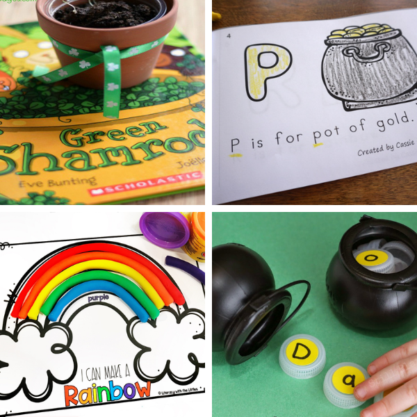 collage of four preschool reading and alphabet activities for st. patrick's day