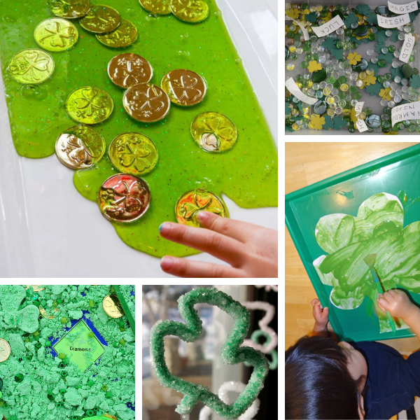 collage of st. patrick's day science activities and sensory exploration