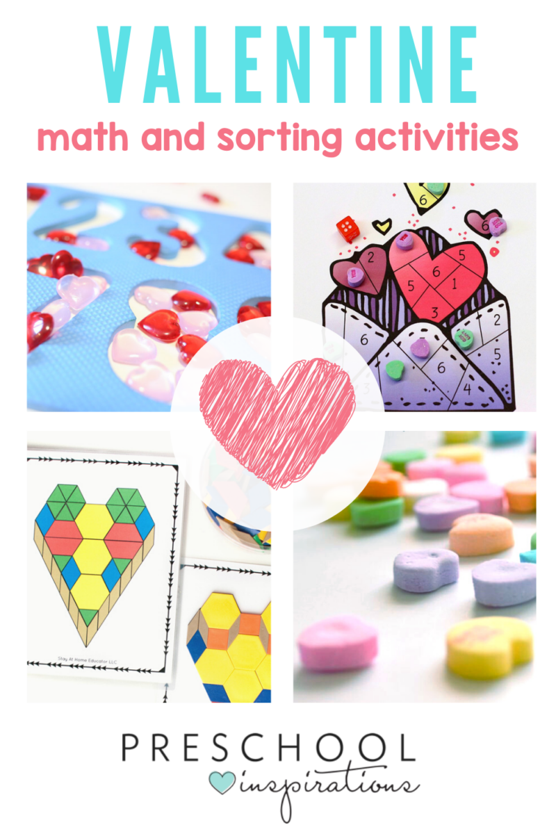 collage of Valentine's Day preschool math and counting activities with the text, 'Valentine math and sorting activities'