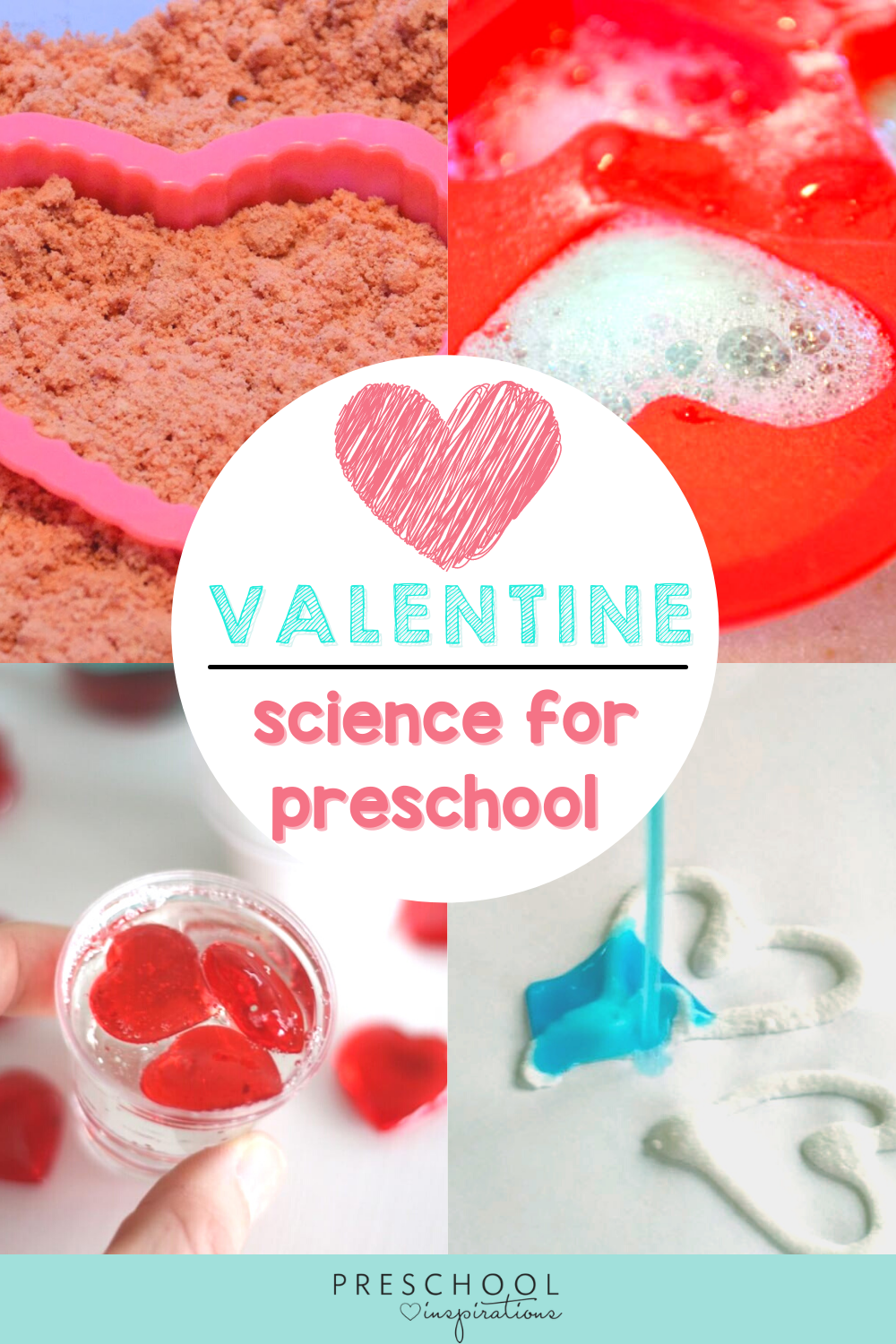 collage of four different heart-themed science activities for preschool with the text, 'Valentine science for preschool'